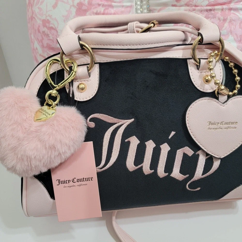 Juicy Couture Urban Heritage Bowler Bag VELOUR With Heart POM Bag Charm & WALLET